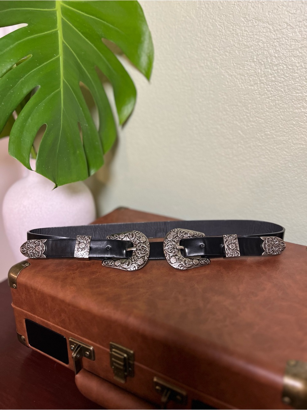 Black Western Double Buckle Belt Silver Floral Engraved Hardware Statement Waist